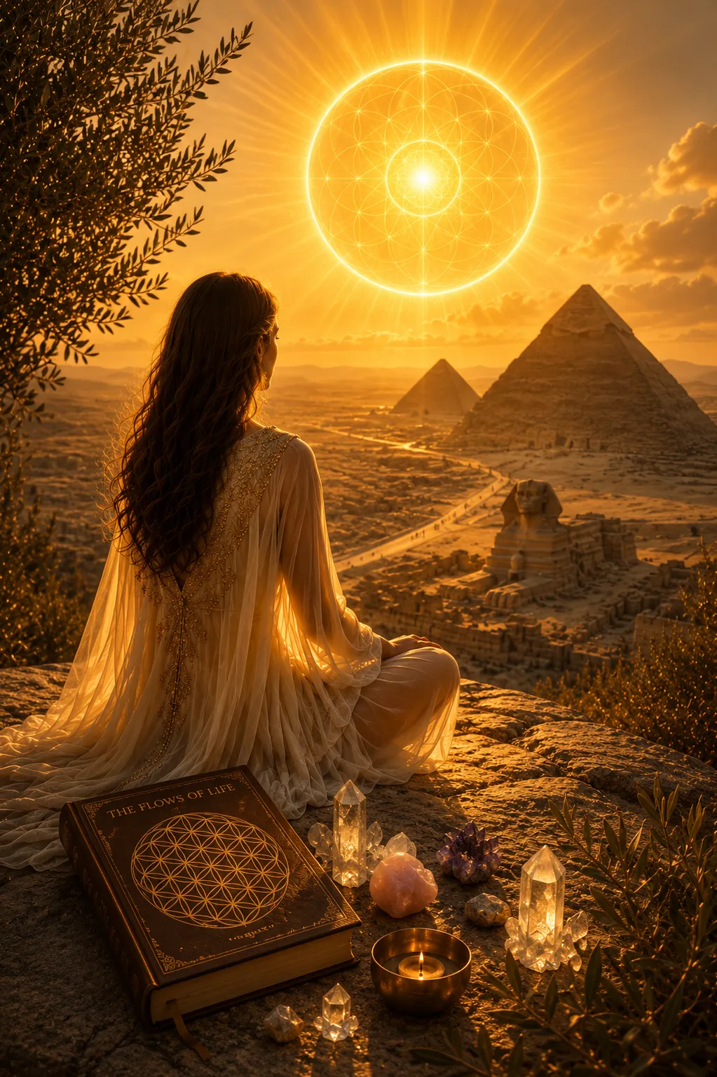 A woman in meditation before the pyramids and the Flower of Life